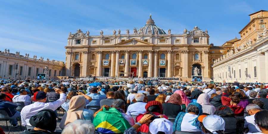 An awe-inspiring Easter procession in Vatican City, featuring elaborately adorned clergy, vibrant religious symbols, and a sea of faithful followers.